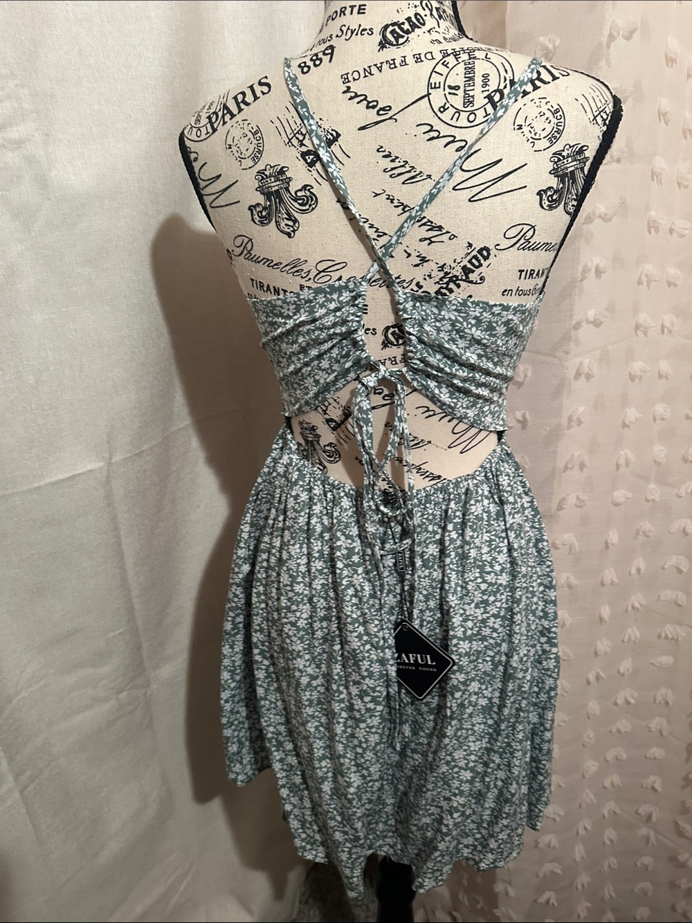 Sage Green Floral Spaghetti Strap Mini Dress - Picture 2 of 4